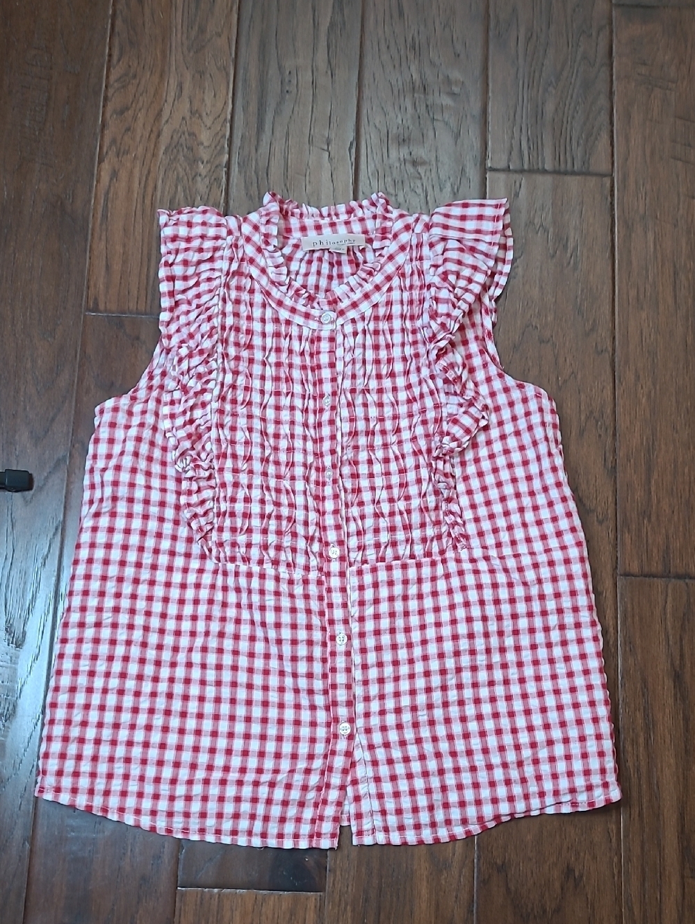 Philosophy Red & White Gingham Ruffle Sleeveless Blouse size Small